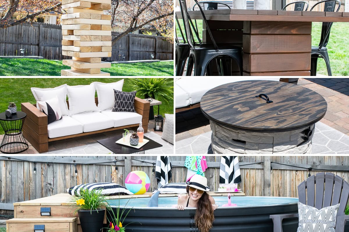Collage of outdoor DIY projects: a giant Jenga game, a wooden high-top table with metal chairs, a cushioned bench with planter, a round fire pit with wooden cover, and a woman in a hot tub enjoying the summer vibe with pool floats and a hat.