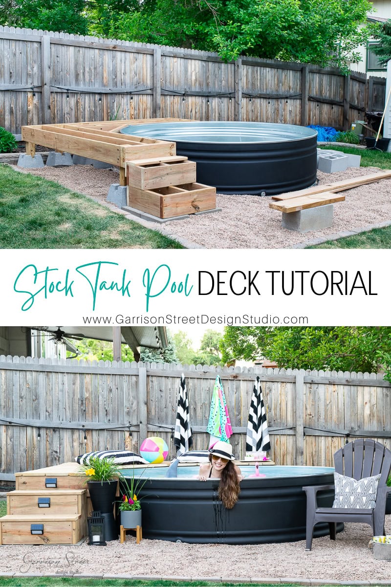 A DIY stock tank pool with a wooden deck is set up in an outdoor summer oasis. There's a small staircase, plants, and pool toys. A person wearing a sun hat and sunglasses is relaxing in the pool. A fence and greenery are visible in the background.