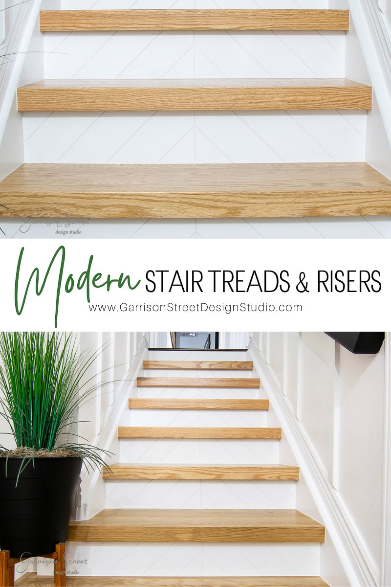 Wooden stair treads and risers boast a modern design with a light finish. Text reads "Modern Stair Treads & Risers" from Garrison Street Design Studio. A black planter with tall green plants enhances the landing.