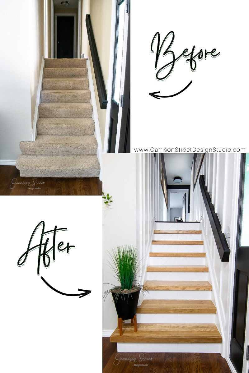 A before-and-after image of a staircase transformation showcases the evolution from carpeted stairs to elegant wooden stair treads with white risers, complemented by a sleek black handrail and a potted plant at the base.