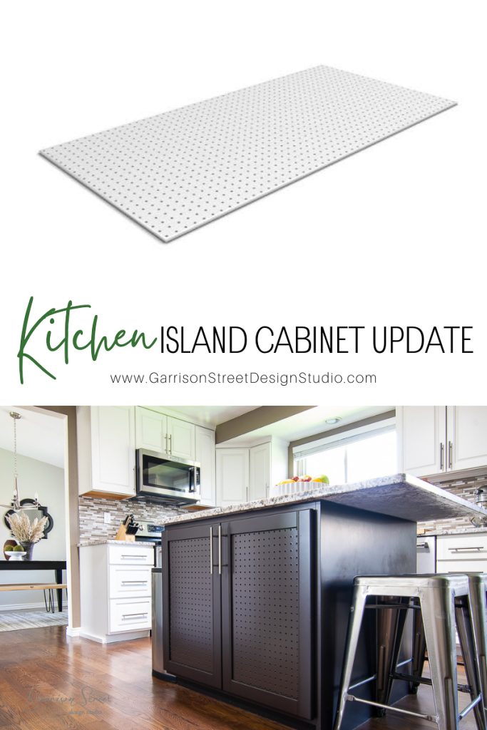 A modern kitchen showcases a sleek black kitchen island with a stainless steel top and bar stools. A decorative backsplash complements the mounted microwave. Visible in the image is a diagram of a pegboard labeled "Kitchen Island Cabinet Update.