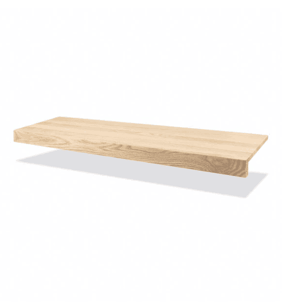 An unfinished oak stair tread with a light natural wood finish, shown against a plain white background.