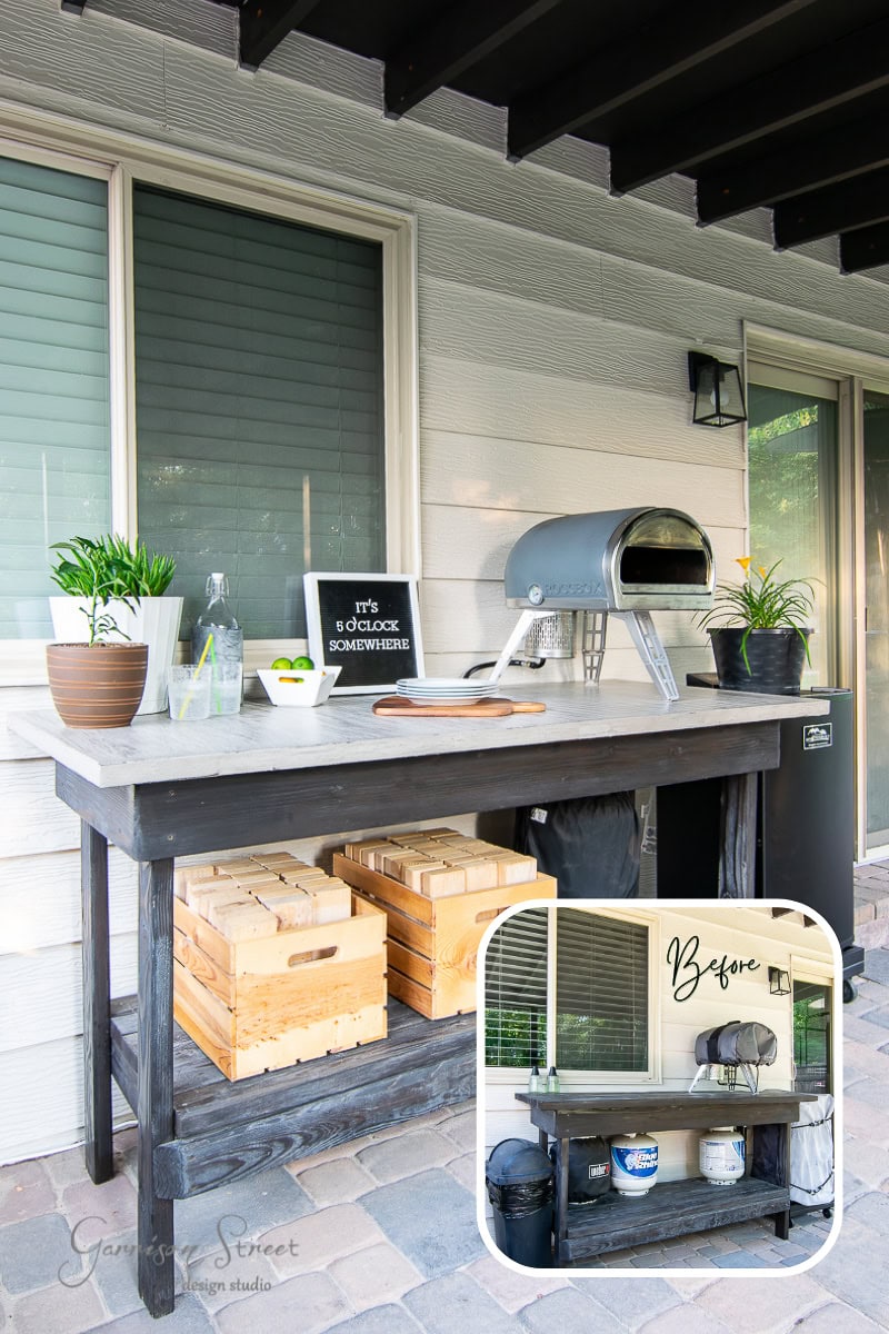 Outdoor kitchen setup with a wooden countertop featuring plants, a pizza oven, and a sign that reads "It's 5 o'clock somewhere." Extra prep space is offered by the concrete tabletop, while two wooden crates are stored below. Inset shows a "Before" image of the area with fewer items.