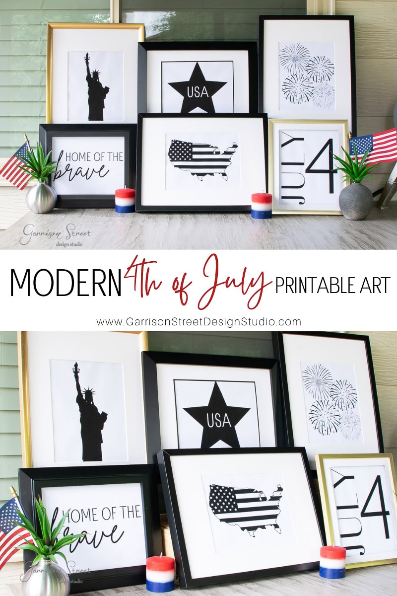 A collection of framed 4th of July-themed printable art featuring patriotic symbols like stars, maps, and the Statue of Liberty, displayed with small American flags and candles.