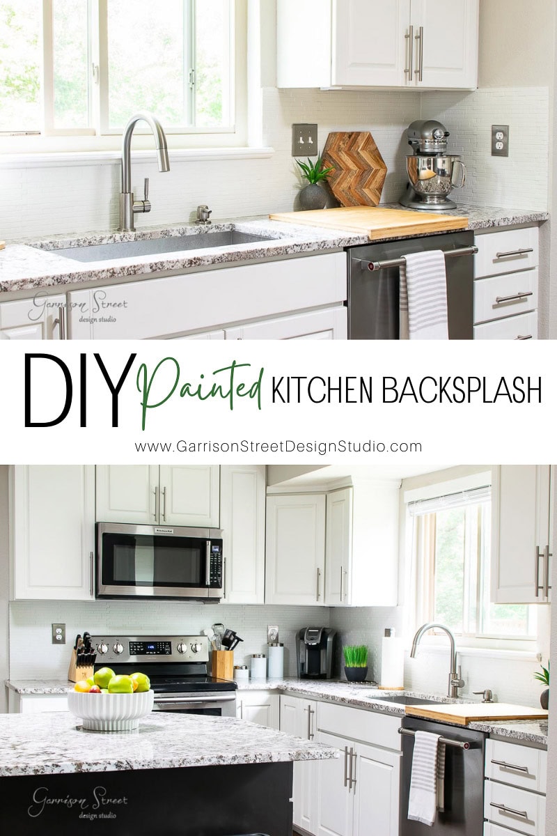 A modern kitchen with white cabinets, a stainless steel sink, and a countertop showcasing a mixer. Text overlay reads "DIY Painted Kitchen Backsplash" at yourwebsite.com. Natural light pours through large windows for an airy feel.