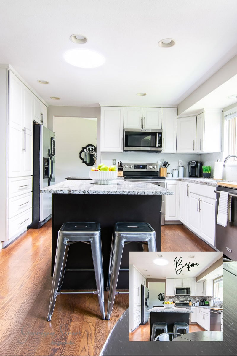 Modern kitchen with white cabinets, stainless steel appliances, and a central island with two metal stools. Hardwood flooring adds warmth. An inset "Before" image shows the previously darker, outdated look, transformed into a contemporary space.