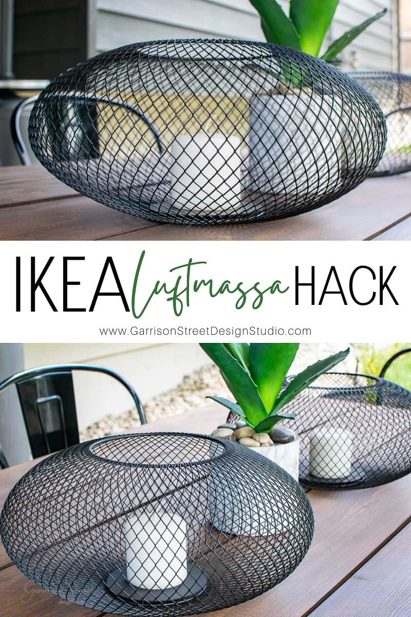 Wire basket tabletop decorations with candles inside, beautifully arranged on a wooden outdoor table. The top text reads "IKEA Luftmassa Hack" with a website link below.