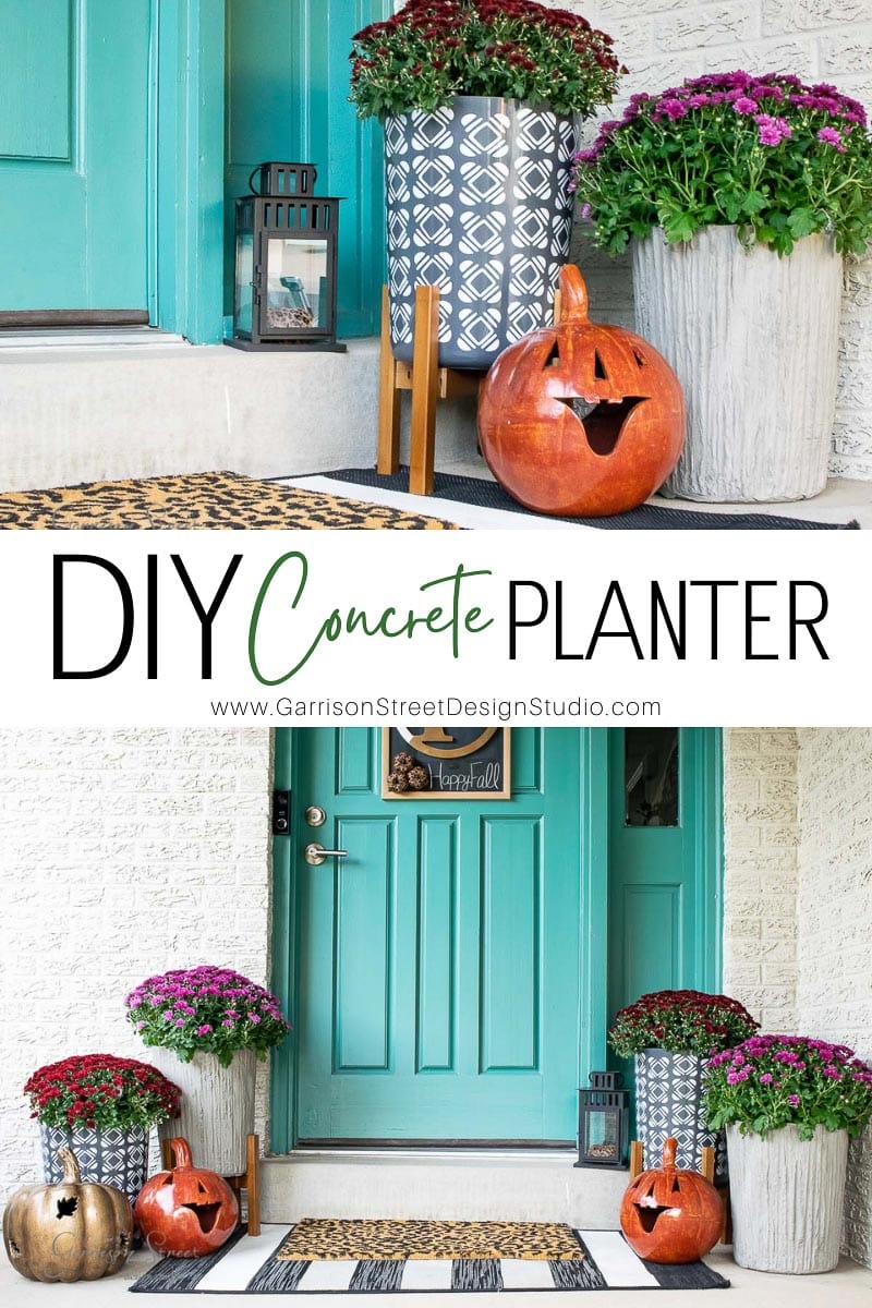 Front porch with teal door, two large concrete planters overflowing with vibrant flowers, a black lantern casting a warm glow, and festive pumpkin displays. A welcome mat and mini wooden stool add charm. Text reads "DIY Concrete Planter" along with a website URL for more inspiration.