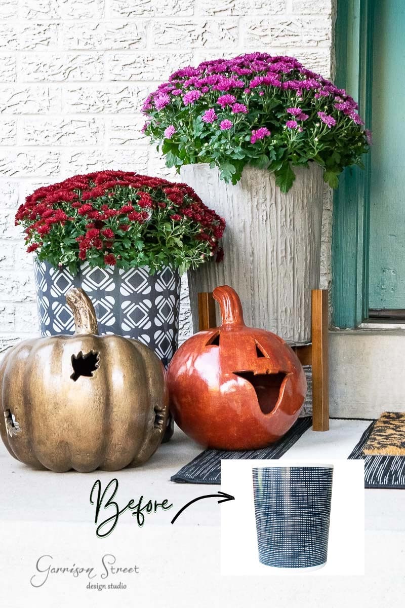 Front porch with two colorful planters: one tall concrete planter with purple flowers, one smaller with red flowers in a patterned black pot. Two decorative pumpkins, one gold and one orange with a face, sit in front. A "before" image of a plain pot is inset.