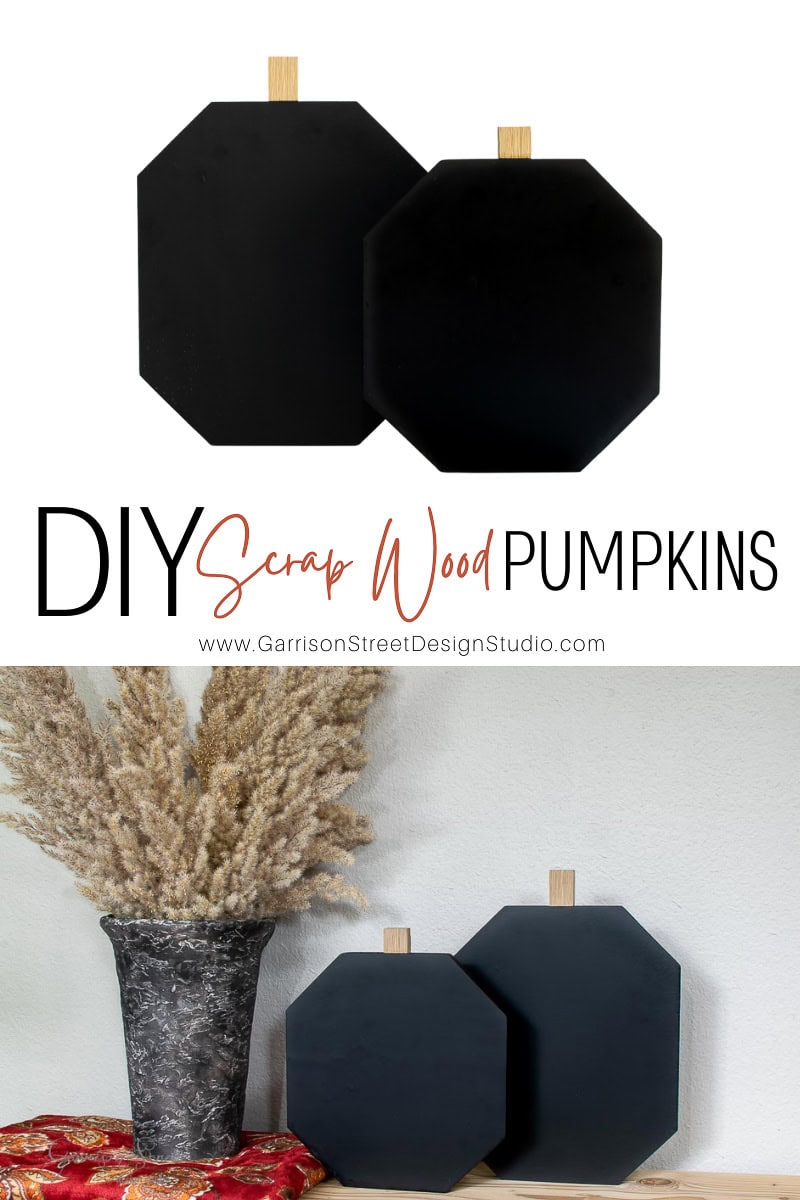 Two black, octagonal wooden boards resembling pumpkins are displayed. Crafted from scrap wood, one is slightly larger than the other, each with a small rectangular stem. These boards are part of a DIY project titled "Scrap Wood Pumpkins" by Garrison Street Design Studio.