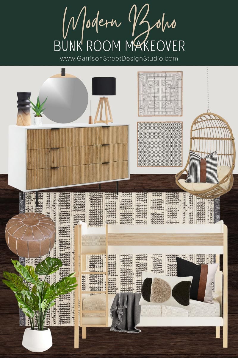 A stylish bunk room with a modern boho theme, featuring a rattan hanging chair, a bunk bed adorned with patterned bedding, and a white dresser displaying chic decor. Warm wood tones and neutral colors harmoniously dominate the design, while a vibrant plant adds a touch of nature.