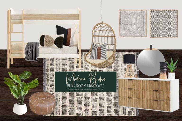 Discover a stunning bunk room makeover with modern boho flair, featuring a wooden bunk bed, cozy hanging chair with cushions, and a patterned rug. Adorned with a circular mirror on the dresser, abstract wall prints, potted plant, pouf, and vases for chic decorative elements.