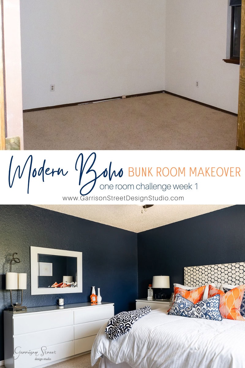 The top half depicts an empty, undecorated bunk room with beige carpet and white walls. The bottom half reveals its transformation into a modern boho retreat with navy blue walls, a white dresser, a bed adorned with colorful pillows, and decorative accents. Text reads "Modern Boho Bunk Room Makeover.