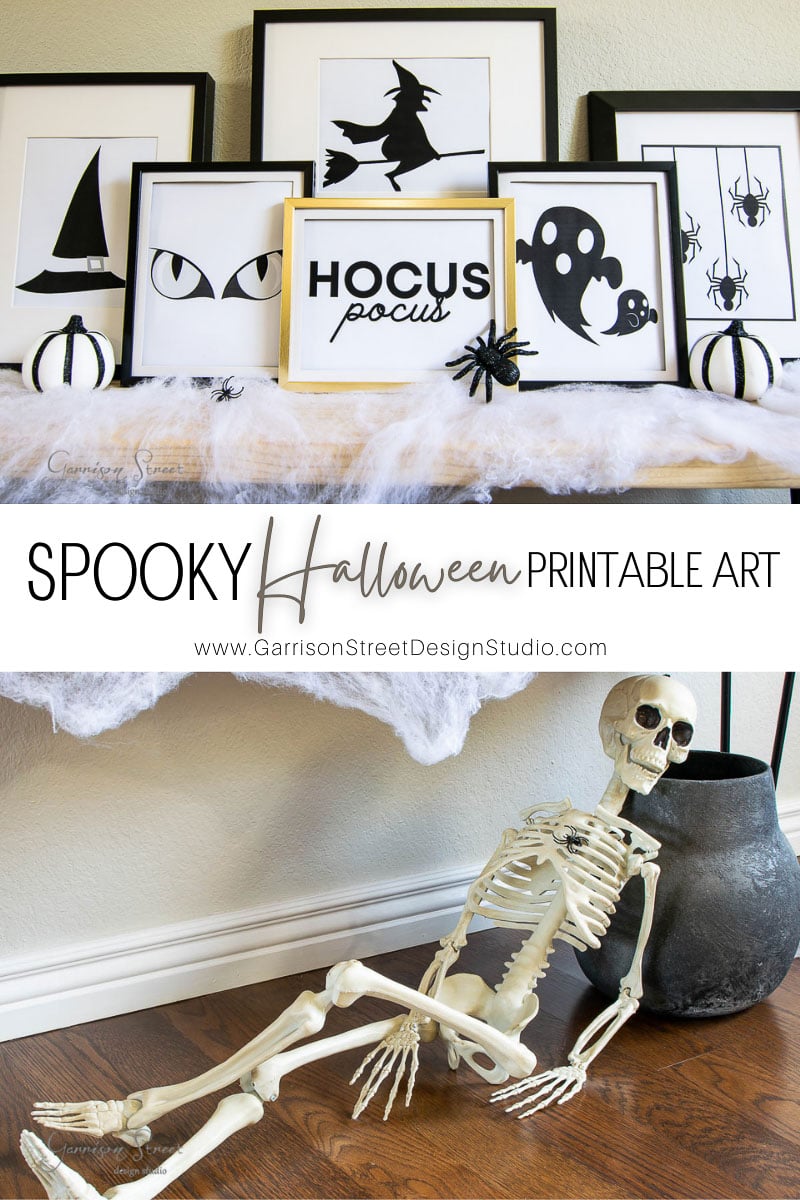 A display of Halloween-themed printable art features frames with silhouettes—a witch hat, cat eyes, "Hocus Pocus" text, bats, and a spider. A skeleton decoration reclines against a pot, while white fabric adds a ghostly touch.