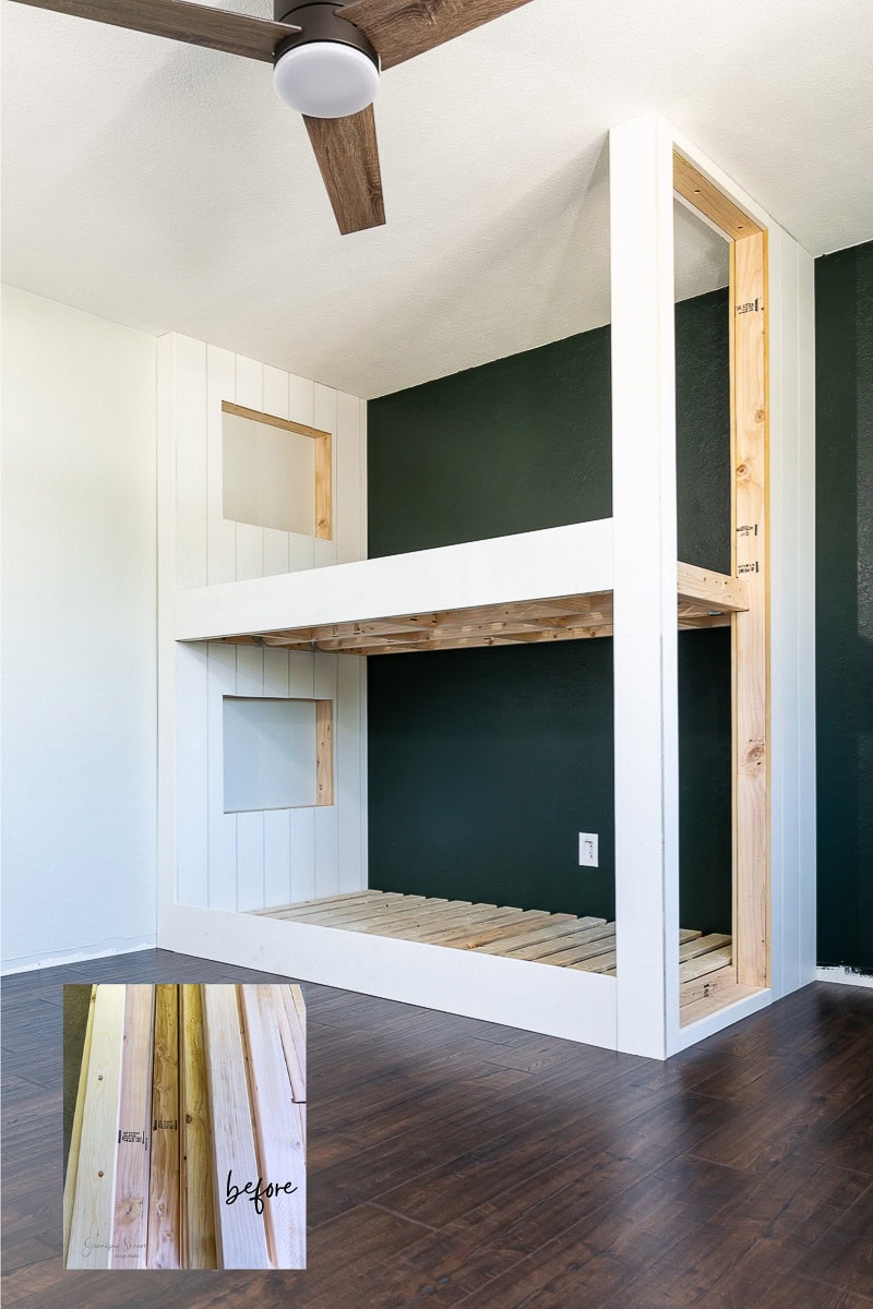 A custom-built wooden bunk bed is seamlessly integrated into a dark green and white wall. The built-in design features an open framework with unfinished wood beams, complemented by a ceiling fan overhead. An inset reveals a close-up of the unfinished wood labeled "before."