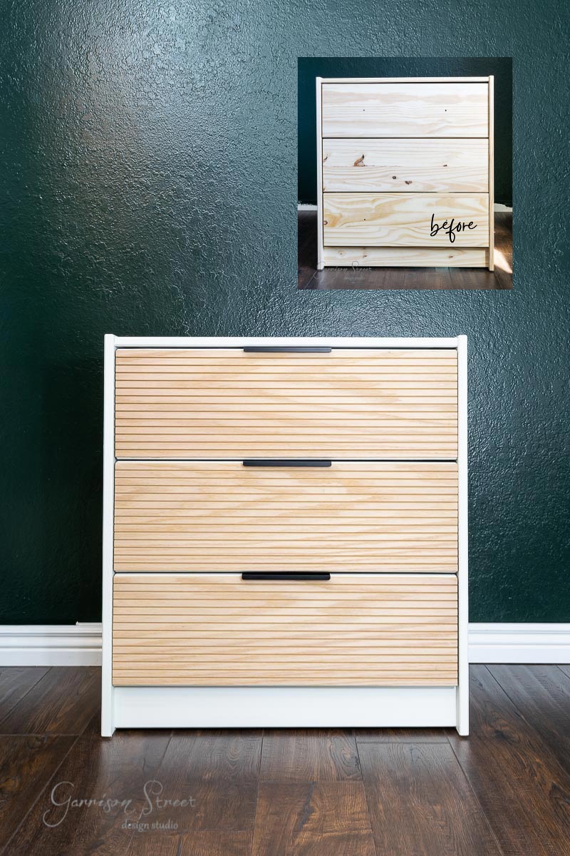 The IKEA Rast-inspired wooden dresser, echoing a modern, minimalist desk aesthetic, features three drawers adorned with sleek horizontal lines. The "before" inset displays a plain wood version labeled "before," set against a dark green wall.