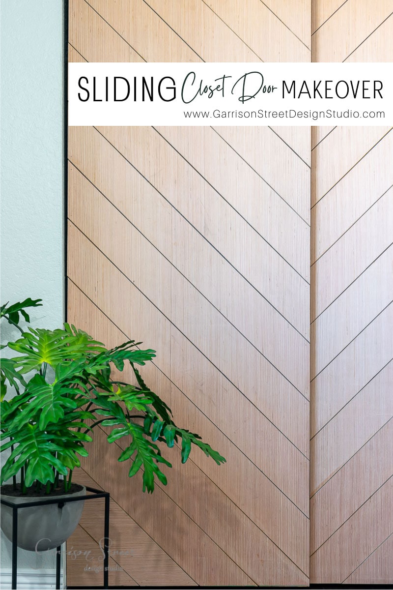 A modern closet door with a sliding chevron wood pattern is featured. A lush green potted plant is placed in front of it. Text at the top reads, "Sliding Closet Door Makeover" with a website link.