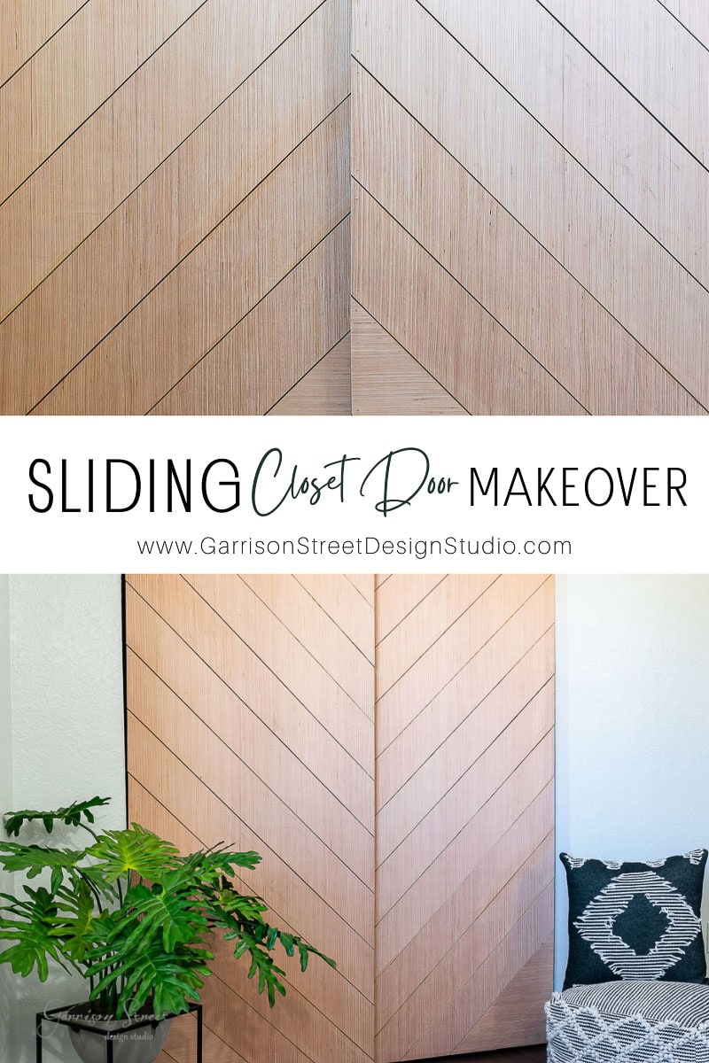 A chevron-patterned sliding closet door makeover brightens the room with its light wood tones. A green leafy plant and a decorative pillow on a chair add charm to the corner. Text reads "SLIDING Closet Door MAKEOVER.