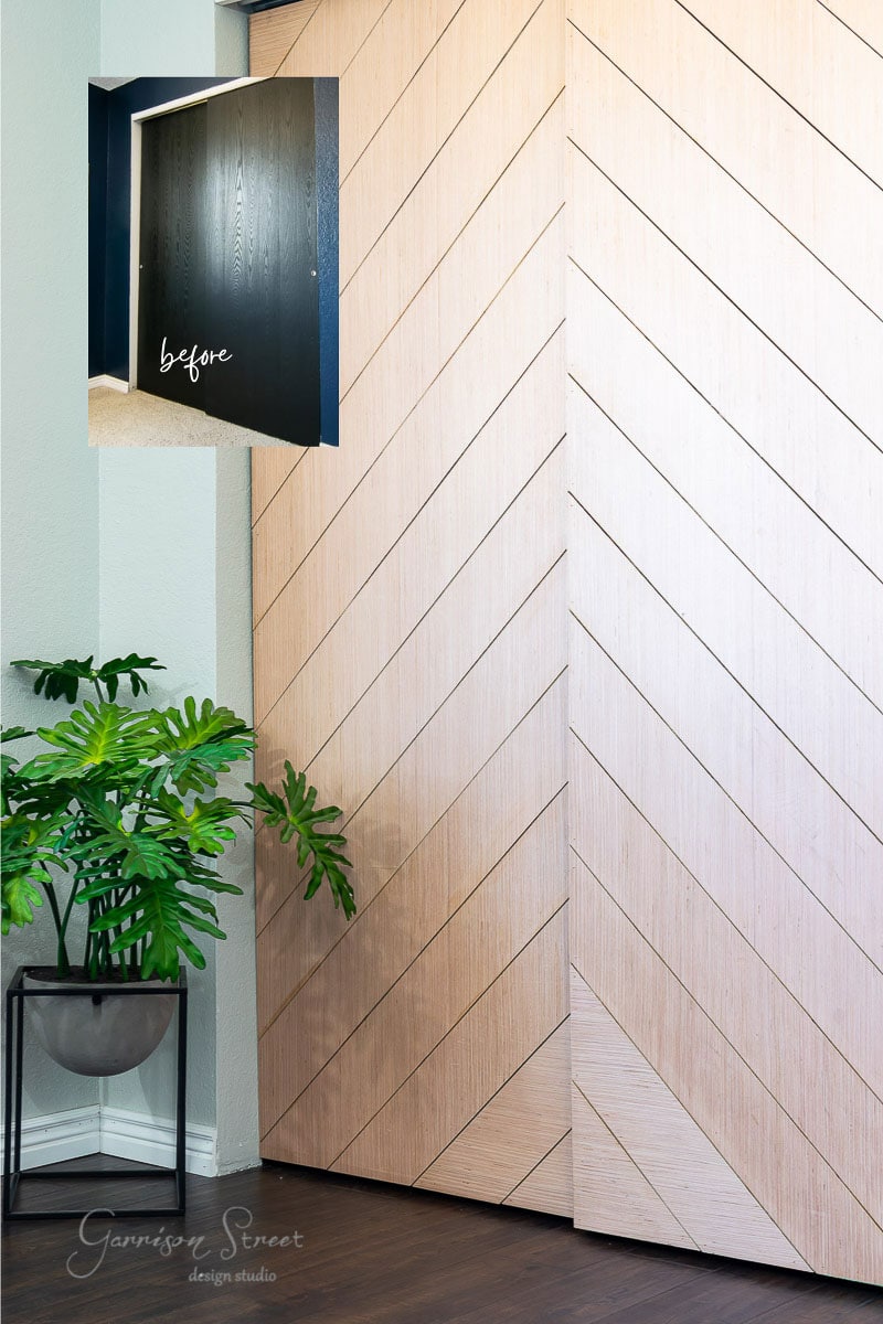 A modern room features a chevron-patterned wooden wall, with a potted plant on the floor. An inset image labeled "before" reveals a plain black sliding door. The dynamic wooden wall contrasts sharply with the previous simple design.