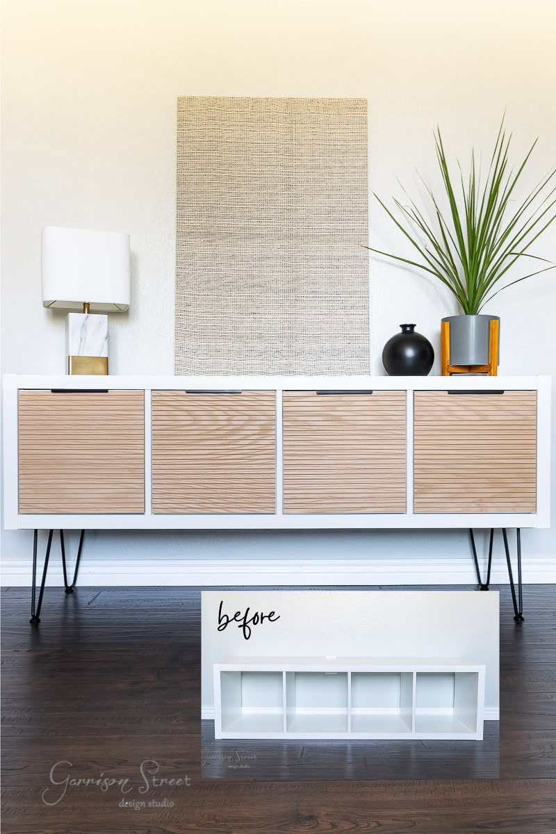 A modern sideboard, ingeniously hacked from an IKEA Kallax, features rattan panels and black metal legs against a cream wall. A tall plant and decorative items adorn the top. An inset image labeled "before" reveals its humble beginnings as a plain white furniture piece.