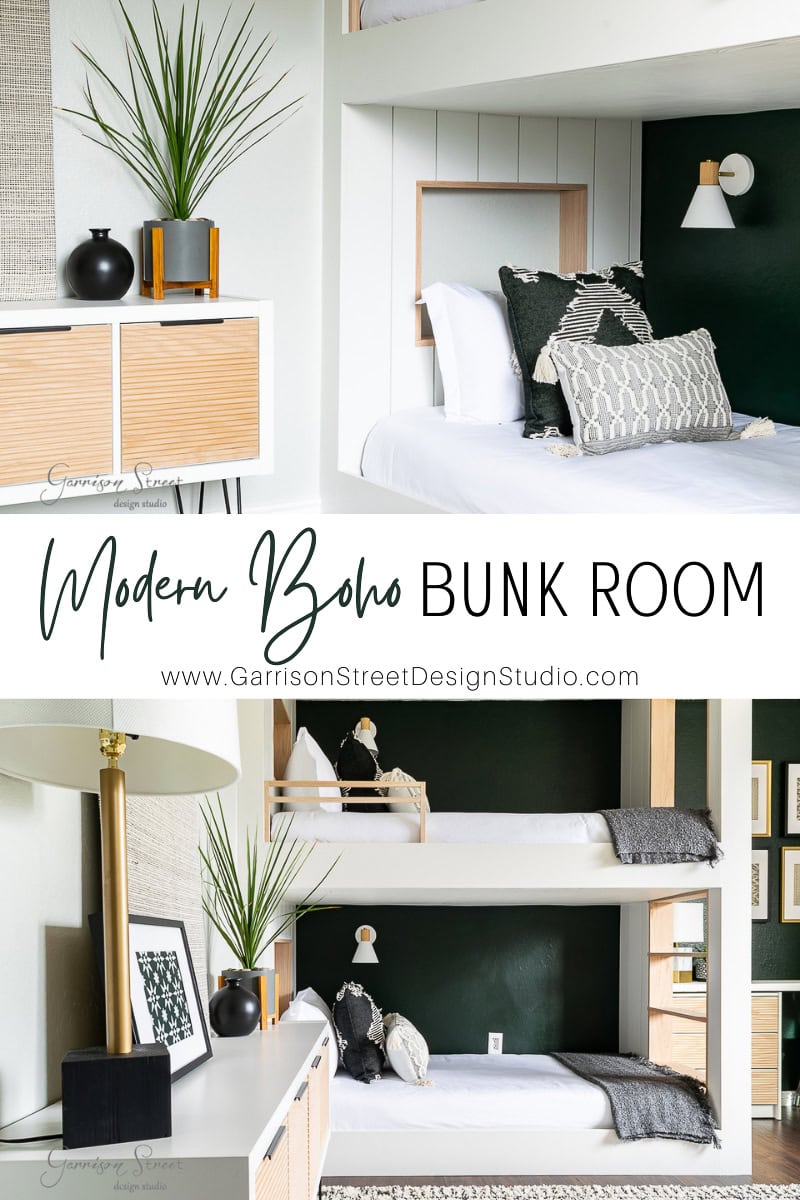 A modern boho bunk room showcases two white bunk beds against green accent walls, adorned with decorative pillows. A wooden cabinet with plants, a black lamp, and art pieces complete this stylish bunk room. Text: "Modern Boho Bunk Room" with a website link below.