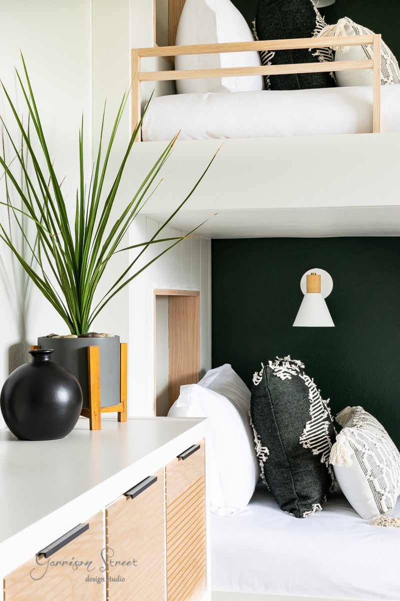 A modern bunk room features a sleek bunk bed, with the lower bunk adorned in black and white pillows and complemented by a wall-mounted reading lamp. A tall green plant in a black vase sits on a cabinet, infusing nature into the contemporary design.