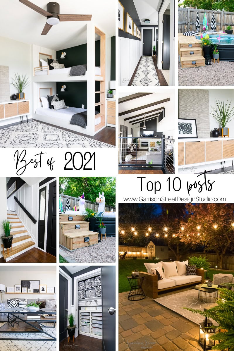 Collage of interior and exterior design photos titled "Best of 2021" and "Top 10 posts." Features cozy rooms, stylish staircases, a modern kitchen, outdoor spaces with string lights, and home decor.