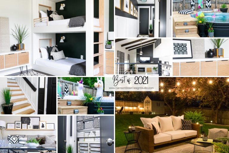 A collage showcasing the best of trendy interior and exterior designs. Features include modern bedrooms, a living area with vaulted ceilings, a hot tub with balloons, a stairway adorned with sleek decor, and a cozy outdoor patio illuminated by string lights.