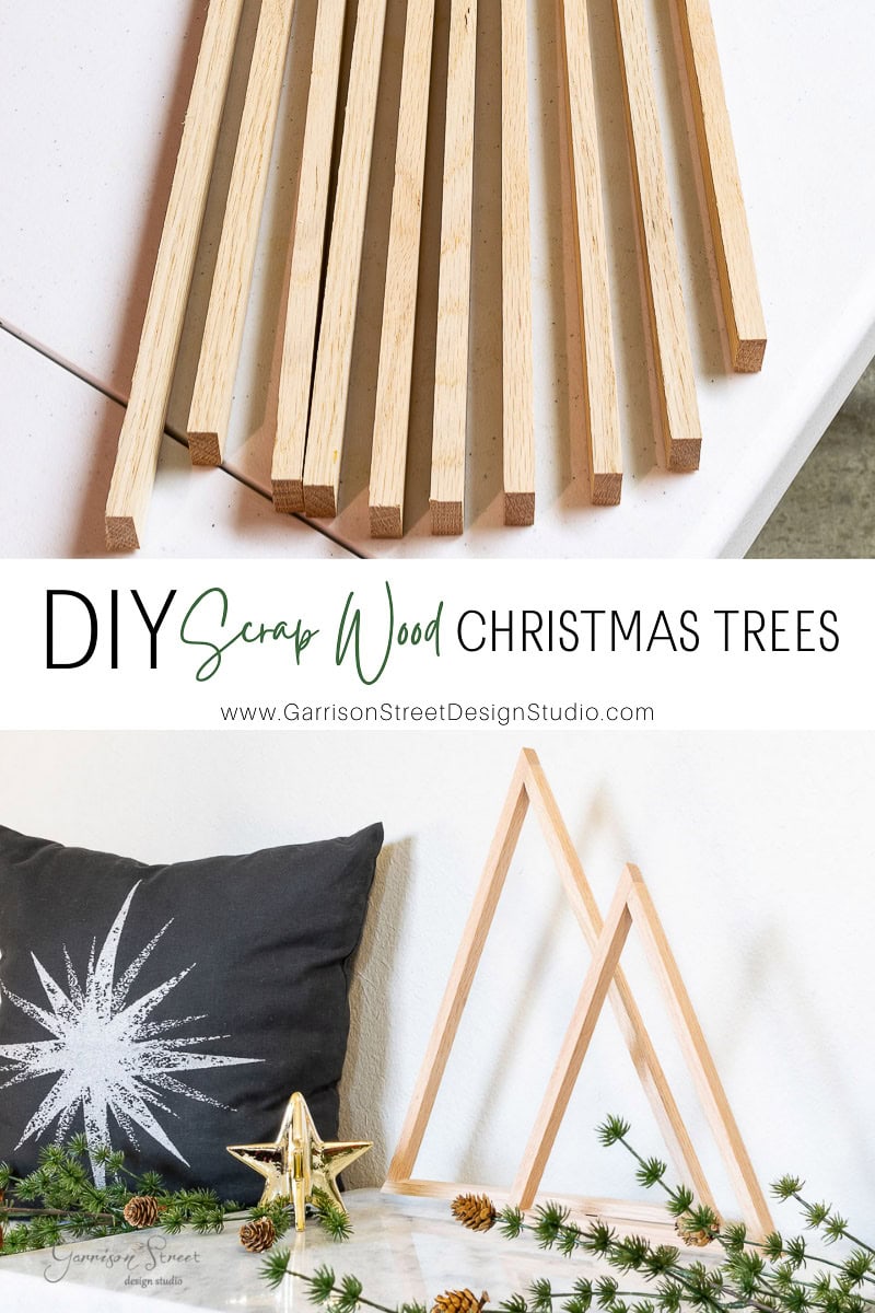 Wooden planks are neatly arranged on a table, showcasing assembled scrap wood Christmas trees. In the foreground, a black pillow with a star design complements small decorative pine branches and a gold star, creating a cozy festive scene.