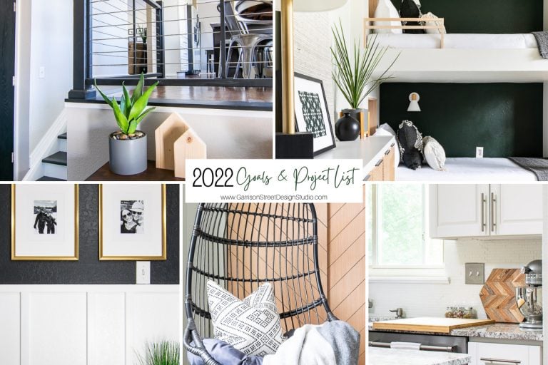 Collage of interior design photos spotlighting modern decor. Featuring a plant on a table, a black-and-white bedroom, framed art on the wall, a cozy corner with a hanging chair, and a kitchen with chevron backsplash. Text reads "2022 Goals & Project List.