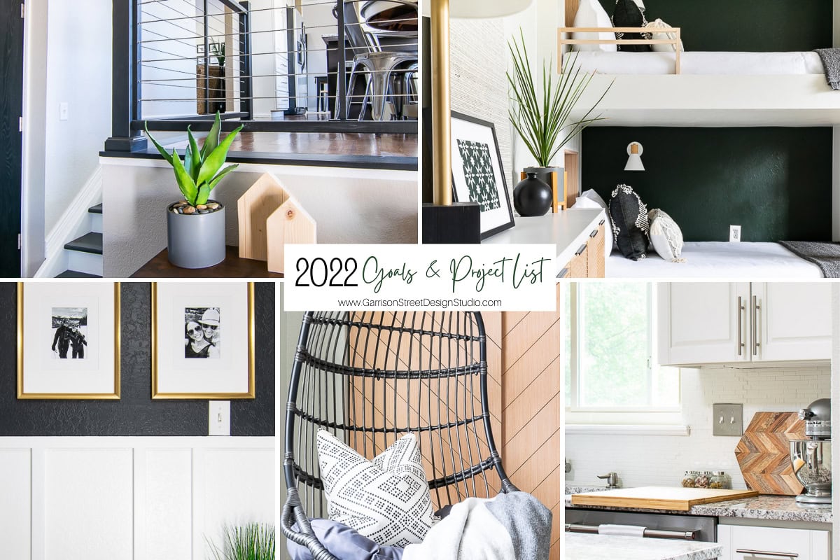 Collage of interior design photos spotlighting modern decor. Featuring a plant on a table, a black-and-white bedroom, framed art on the wall, a cozy corner with a hanging chair, and a kitchen with chevron backsplash. Text reads "2022 Goals & Project List.