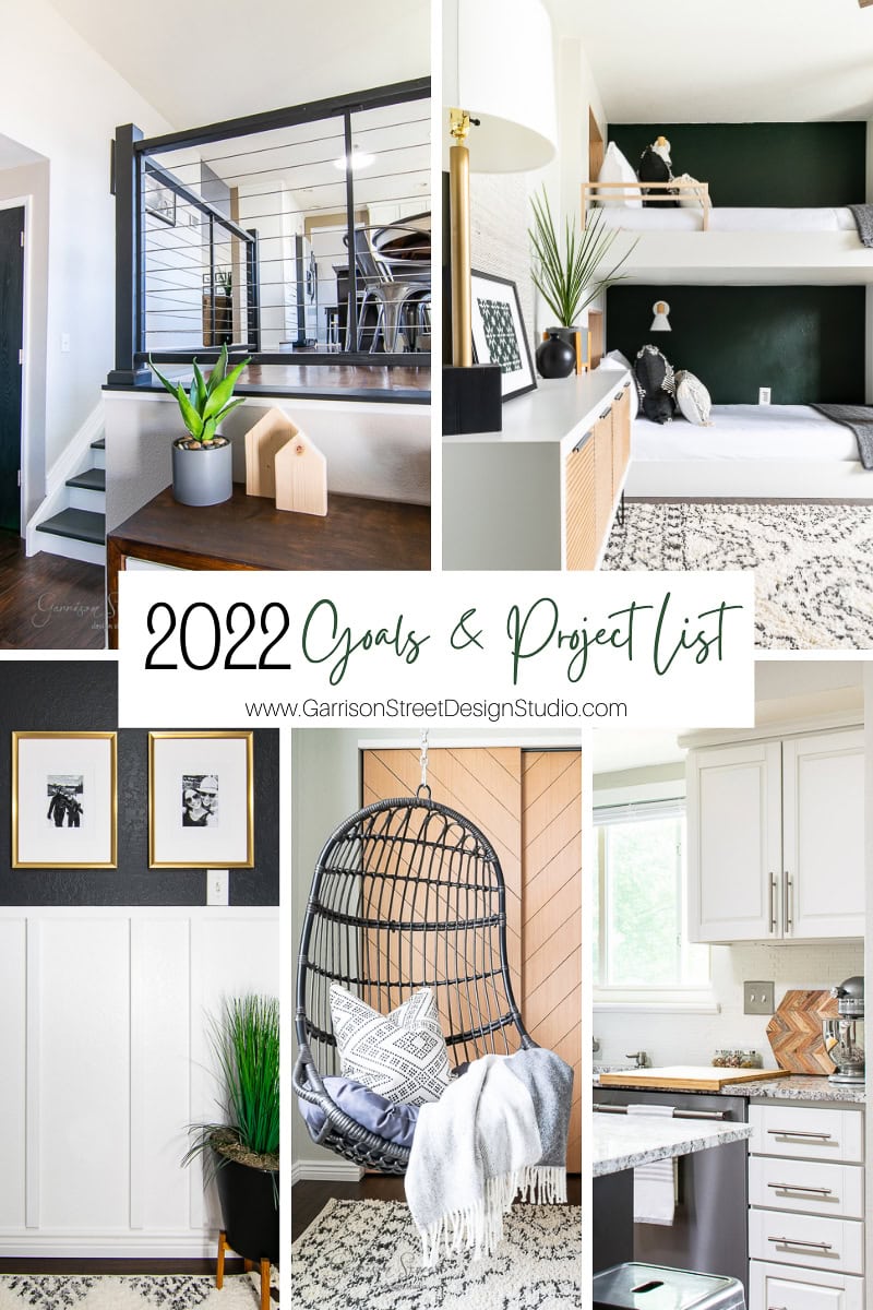 Collage of interior design photos showcasing a modern railing, decorative shelf with plants, cozy bedroom with bunk beds, framed art wall, a welcoming hanging chair with pillows and blanket, and a bright kitchen. Text reads "2022 Goals & Project List," inspiring creativity for your next home project.