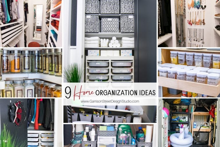 Collage of nine savvy organization ideas featuring closets, shelves with labeled jars, and neatly arranged items for storage. Includes clothing, spices, tools, and accessories. Captions highlight smart organizing techniques.
