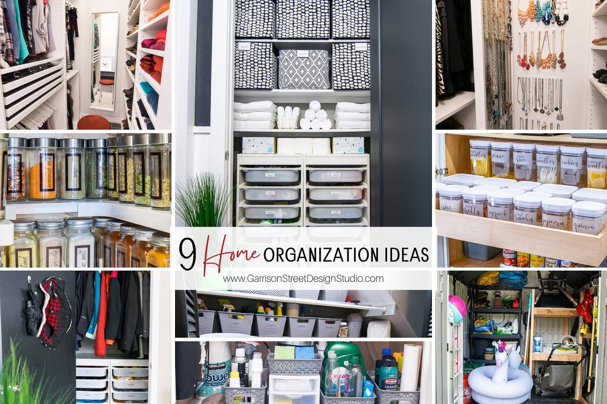 Collage of nine savvy organization ideas featuring closets, shelves with labeled jars, and neatly arranged items for storage. Includes clothing, spices, tools, and accessories. Captions highlight smart organizing techniques.