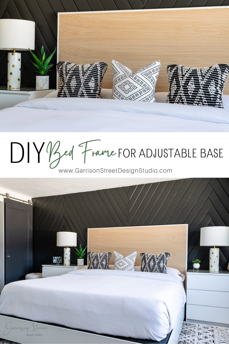A modern bedroom showcases a DIY bed frame designed for an adjustable base, featuring a light wood headboard against a dark accent wall. The bed is adorned with a white duvet and patterned black and white pillows. Nightstands with lamps and decor gracefully flank the setup.