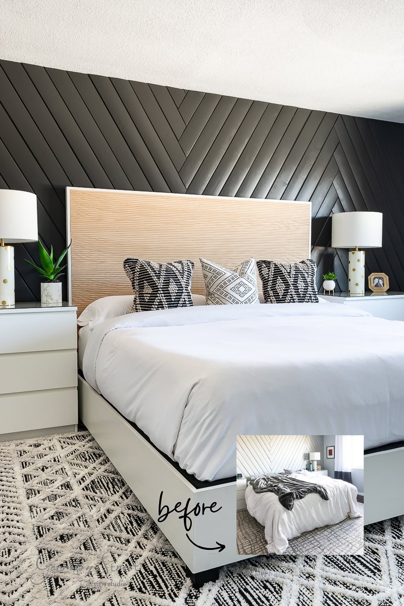 A modern bedroom showcases a large bed with a light wood headboard and geometric-patterned pillows against a dark herringbone accent wall. The bed frame complements two lamps on white nightstands. An inset "before" image reveals the bed with a different headboard.