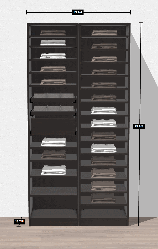 Two dark brown IKEA Pax shelving units, perfect for a reach-in closet, are filled with neatly folded clothes. Each unit features eight shelves and measures 39 1/4 inches wide, 79 1/8 inches tall, and 13 7/8 inches deep. The shelves cast a subtle shadow on the floor.