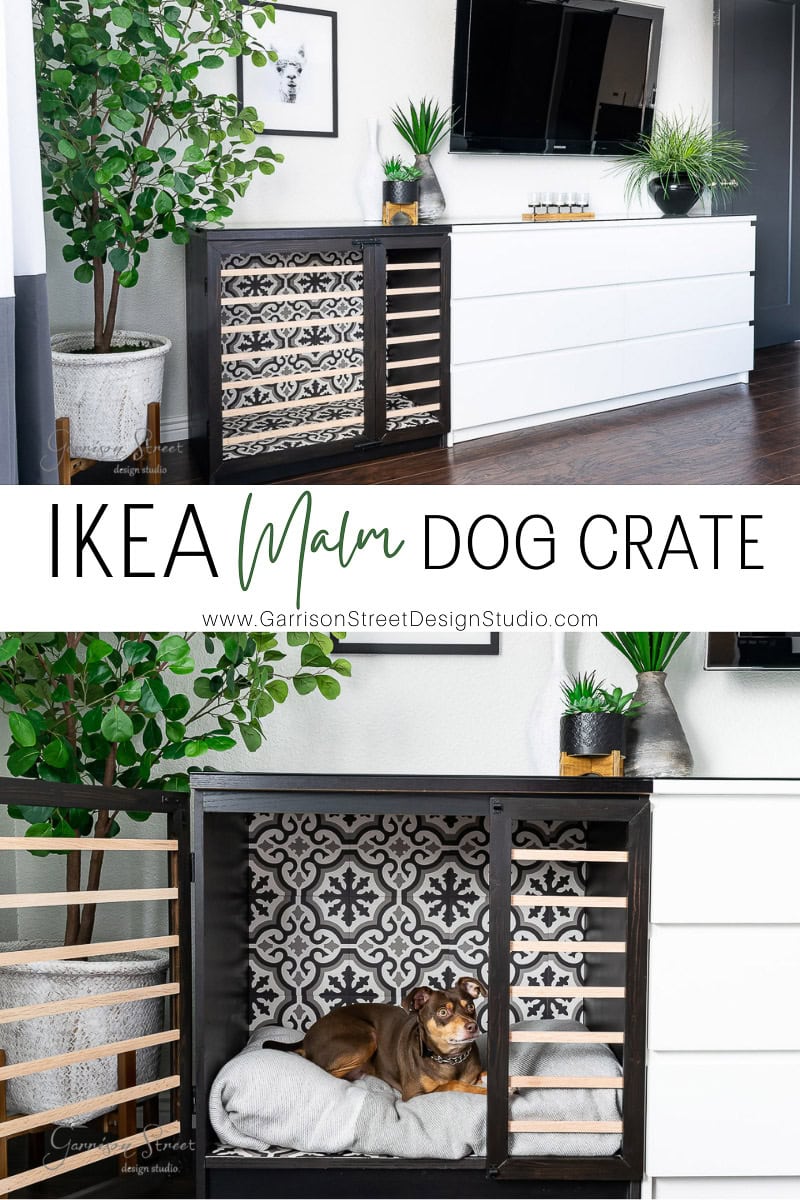 A two-image collage showcases an IKEA Malm dresser cleverly transformed into a dog crate. The top image reveals the sleek integration, while the bottom image highlights a cozy dog lounging on a cushion within, surrounded by stylish decor.