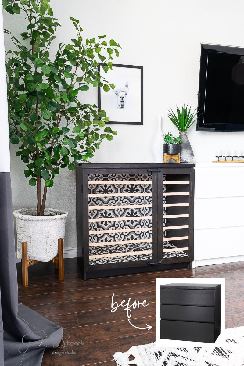 A modern interior featuring an IKEA Malm cabinet with a patterned insert. A "before" image on the cabinet highlights its plain design. Nearby, a leafy plant in a white pot, framed artwork, and a mounted TV enhance the space's aesthetic, blending function and style seamlessly.