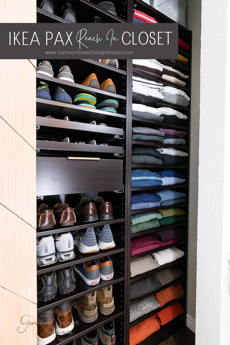 A meticulously organized IKEA PAX reach-in closet showcases shelves filled with an array of shoes and neatly stacked clothes. Crafted from dark wood, it makes efficient use of space. At the top of the image, a logo and website URL are prominently displayed.