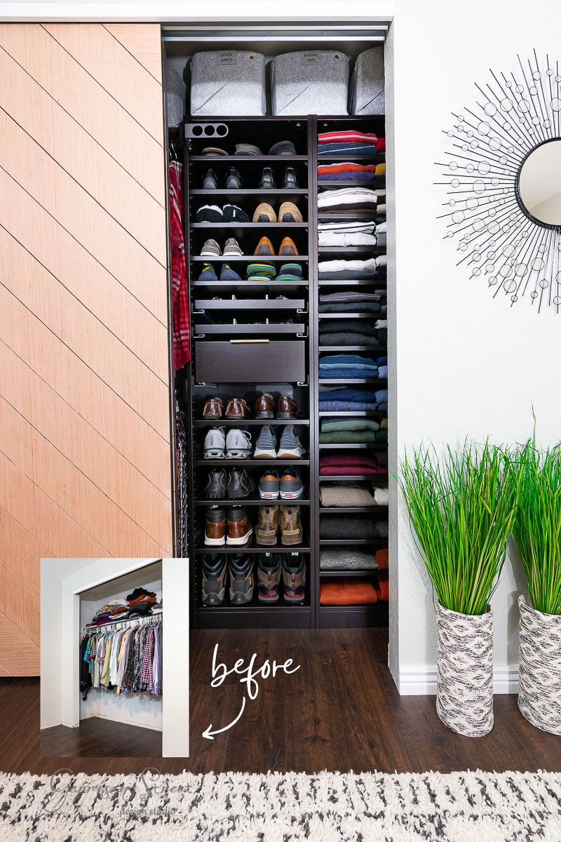 A transformed reach-in closet featuring neatly organized shoes and folded clothes in a black shelving unit. Gray bins rest on the top shelf. Decorative tall plants adorn the wooden floor. An inset photo reveals the cluttered closet before its IKEA Pax inspired organization.