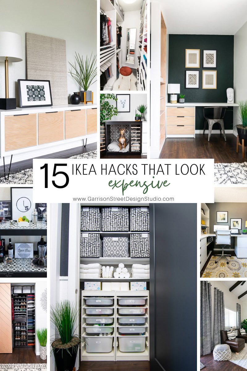 A collage of home interiors highlights stylish IKEA hacks, featuring a modern sideboard, an organized closet, a chic office space, and creative storage solutions. Text overlay reads "15 IKEA Hacks That Look Expensive".