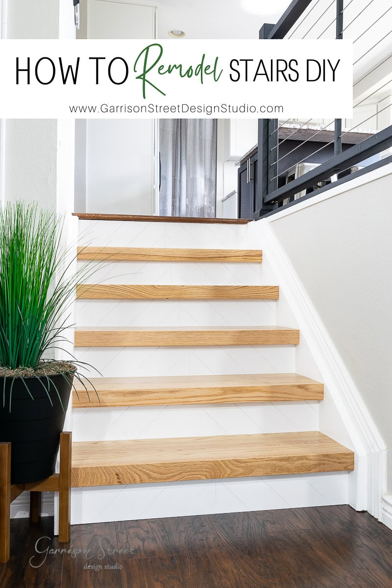 White-riser wooden stairs ascend to a modern interior adorned with a sleek railing. A potted plant graces the bottom left corner. Text reads "How to Remodel Stairs DIY."