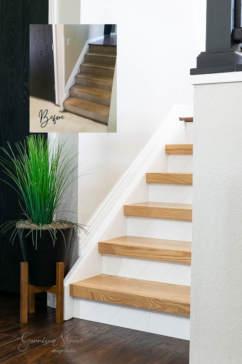 A staircase renovation shows modern wooden steps and a white riser, with an inset "before" image of carpeted stairs. A potted plant rests on the wooden floor beside the stairs.