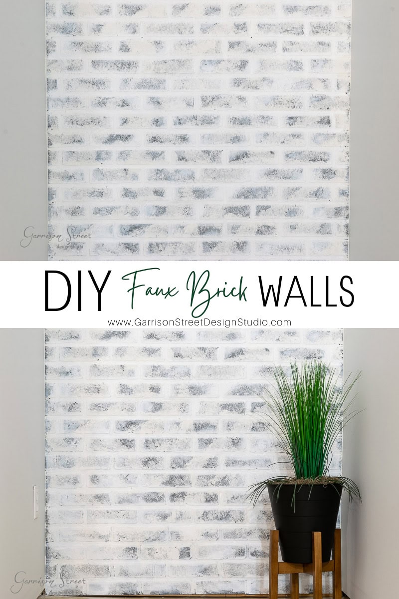 A wall with a DIY faux brick design in white and gray adds charm to basement wall ideas. A small potted plant with long green leaves sits on a wooden stool next to the wall. Text on the image reads "DIY Faux Brick Walls" with a website link below. No drywall needed!.