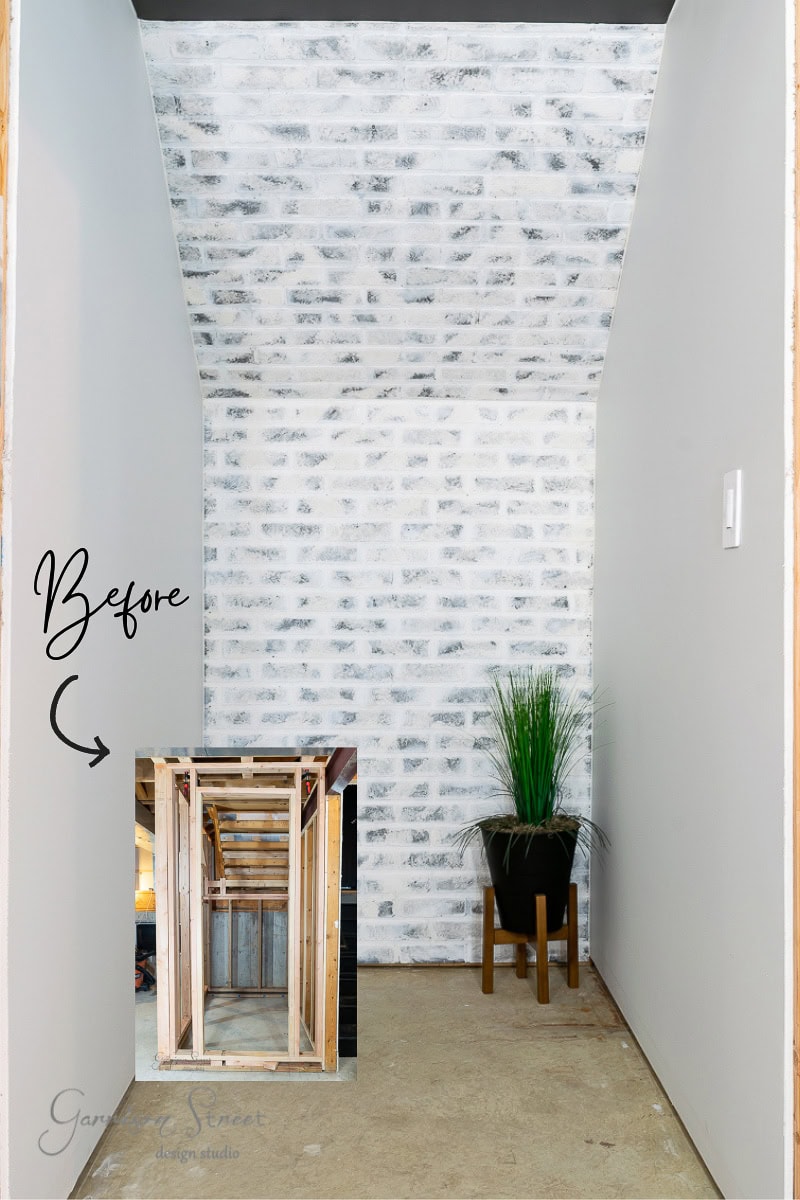 A small room with white brick-patterned walls showcases a potted green plant on the right. An inset photo displays creative basement wall ideas, highlighting the unfinished wooden frame of the space labeled "Before.