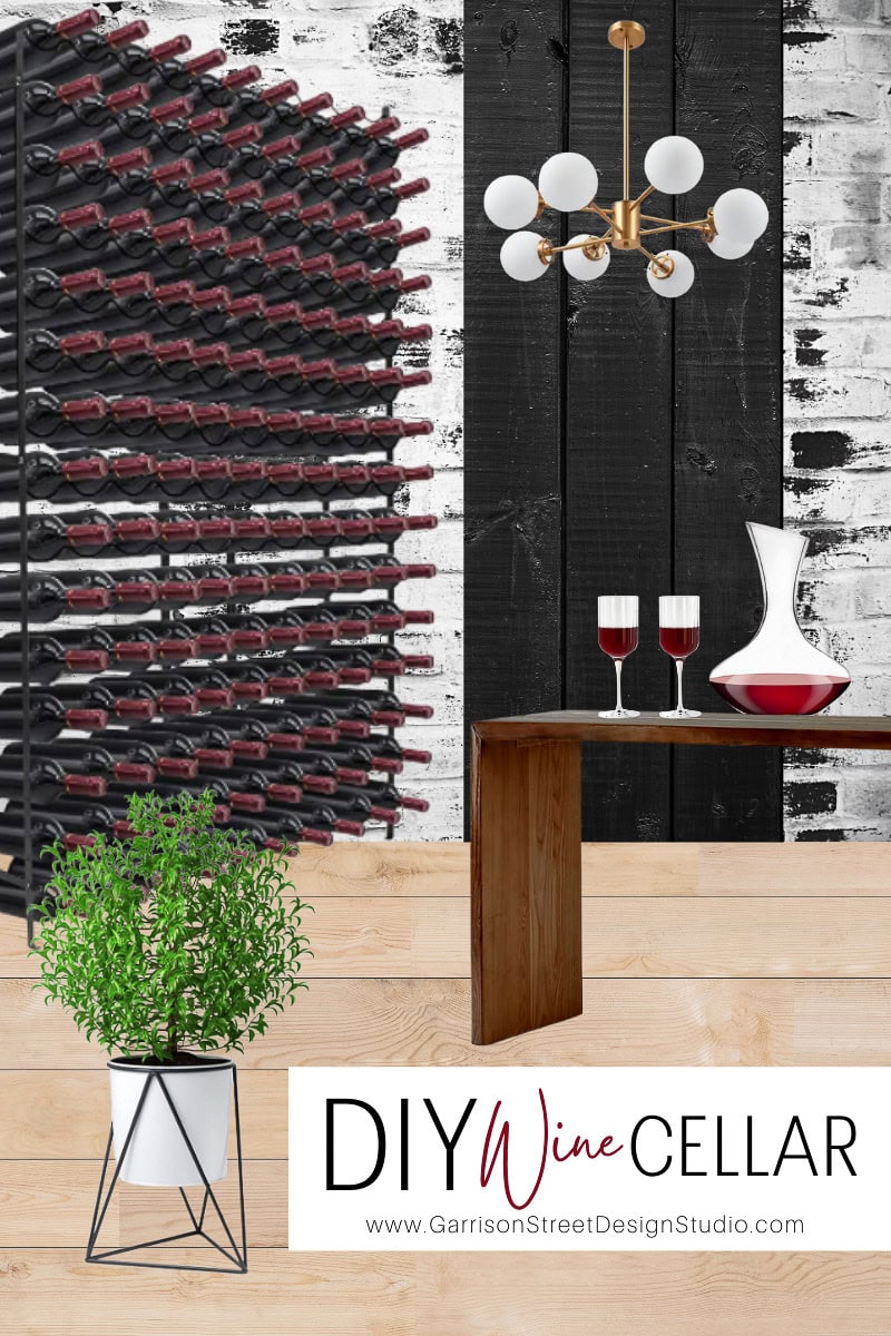 A modern wine cellar boasts a wall-mounted wine rack filled with bottles. In the basement, a sleek wooden table holds two glasses and a decanter. A stylish light fixture dangles gracefully from the ceiling, while a plant in a white pot adds charm to the wooden floor.
