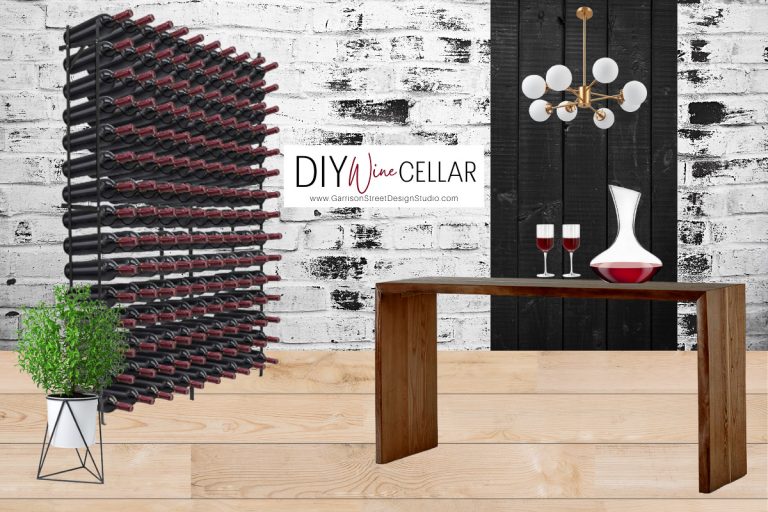 A modern wine cellar display with a large wall-mounted rack filled with bottles graces the basement, complemented by a wooden table with two wine glasses and a carafe. A potted plant and chandelier add charm, while a sign proudly reads "DIY Wine Cellar.