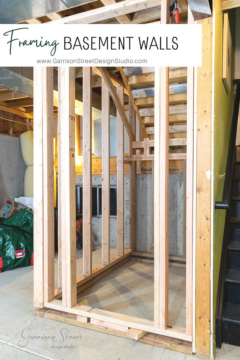 The image illustrates how to frame basement walls, showcasing wooden framing in progress. A partially visible staircase complements the concrete floor, while the organized site has construction materials neatly arranged nearby.