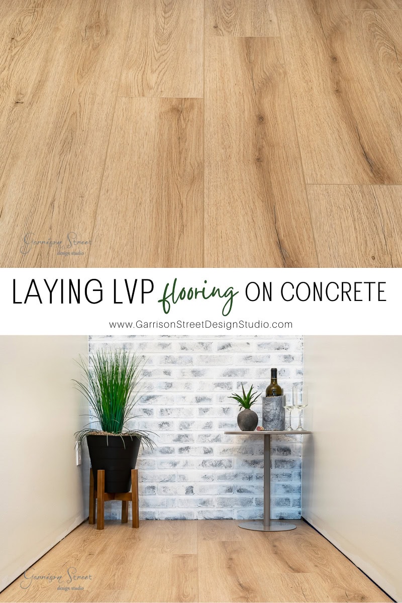 A collage highlights light brown LVP flooring. The room showcases a white brick accent wall, a plant in a black pot, and a round table with greenery, a wine bottle, and two glasses for an elegant touch.